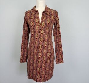EARTHBOUND Long Sleeve Collared Mini Dress Orange Brown Sz S 70's Hippie Boho